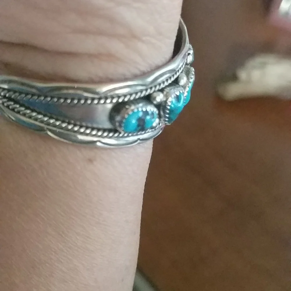 Native American Turquoise & Coral Stamped Cuff - Picture 3 of 10